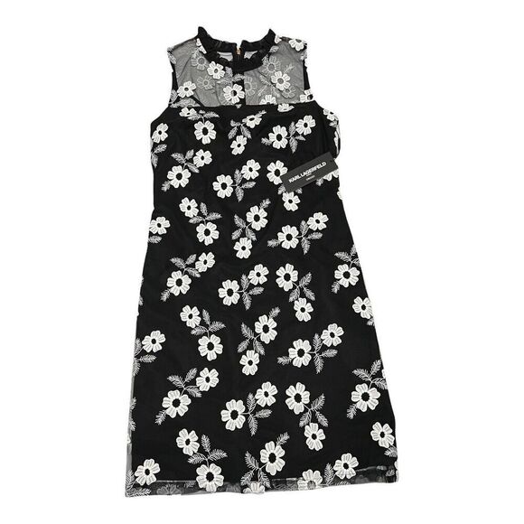 Karl Lagerfeld Dress US 0 Floral Mesh Embroidered High Neck White Ruffle Spring - Picture 3 of 11